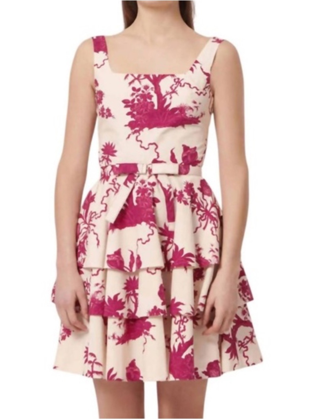 Tara Jarmon Romanne Cream and Pink Floral Tiered Floral Dress Size 4 Whimsical